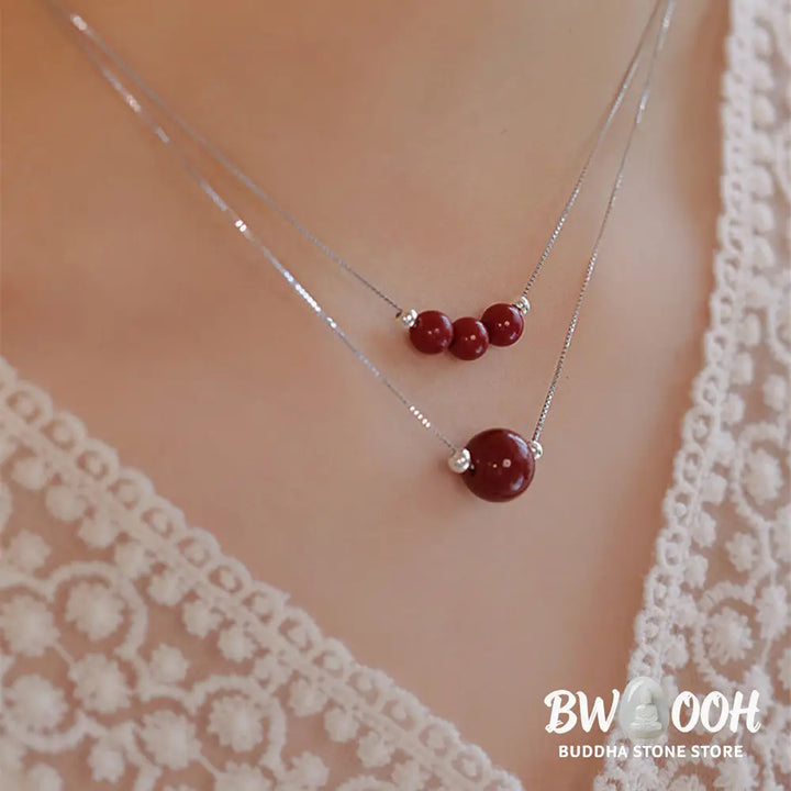 Buddha Stones 925 Sterling Silver Cinnabar Bead Calm Blessing Necklace Pendant - BWOOOH - Necklaces &amp; Pendants
