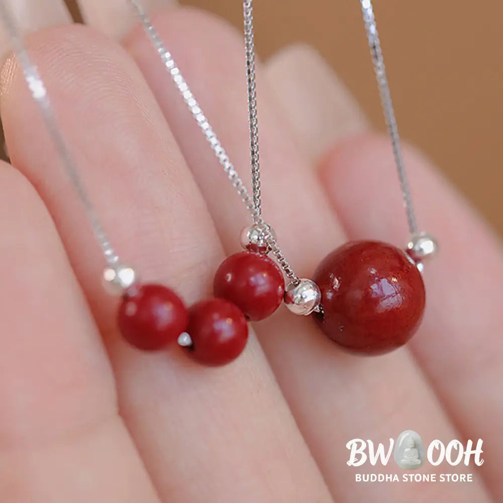 Buddha Stones 925 Sterling Silver Cinnabar Bead Calm Blessing Necklace Pendant - BWOOOH - Necklaces &amp; Pendants