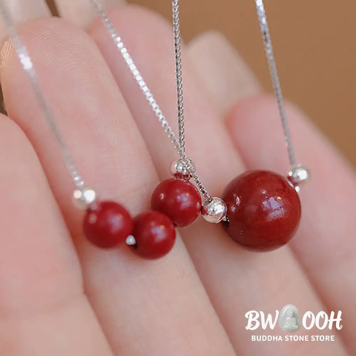 Buddha Stones 925 Sterling Silver Cinnabar Bead Calm Blessing Necklace Pendant - BWOOOH - Necklaces &amp; Pendants