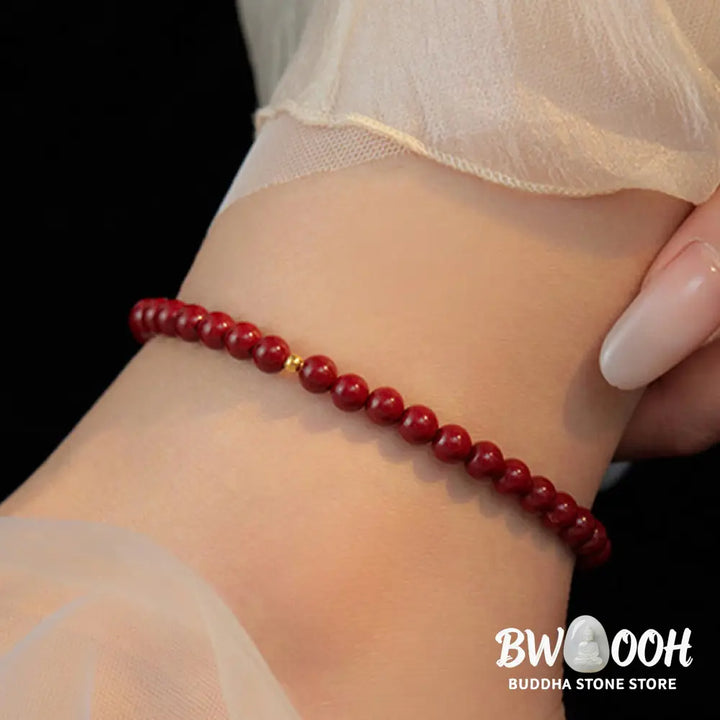 Buddha Stones 925 Sterling Silver Cinnabar Beads Blessing Anklet - Anklet