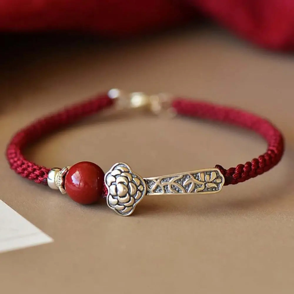 Buddha Stones 925 Sterling Silver Cinnabar Blessing String Bracelet - BWOOOH - Red(Bracelet Size 15-16cm) - Bracelet