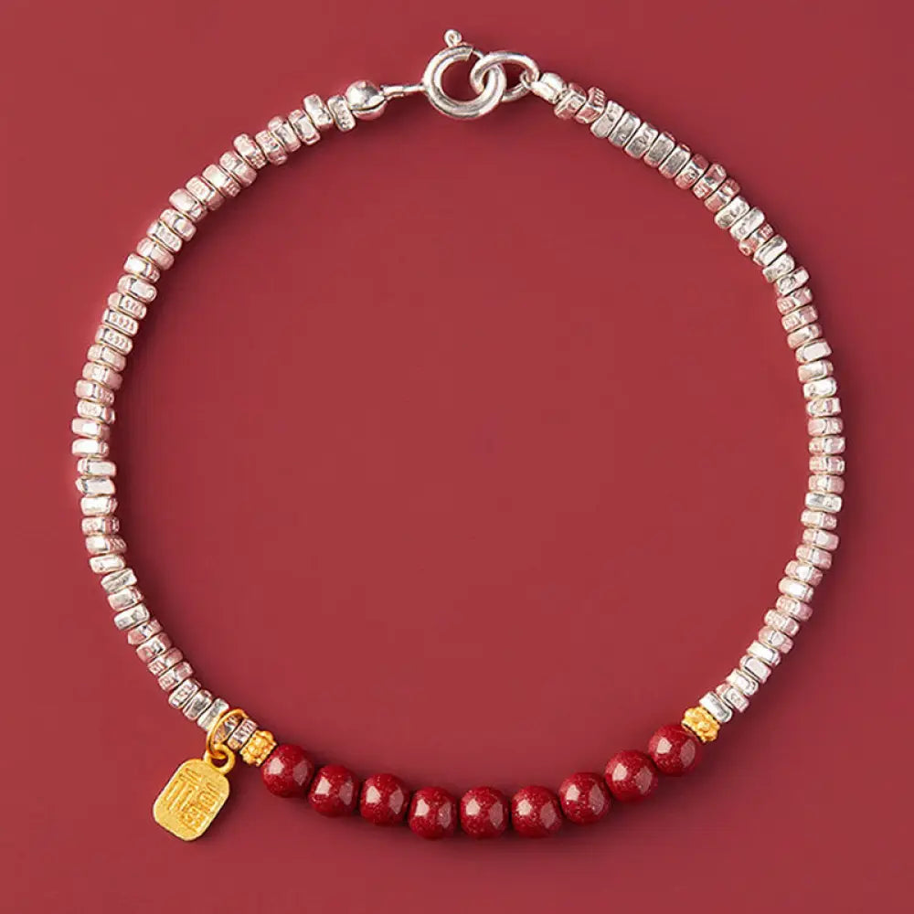 Buddha Stones 925 Sterling Silver Cinnabar Fu Character Blessing Bracelet - BWOOOH - Cinnabar&amp;Fu Character(Wrist