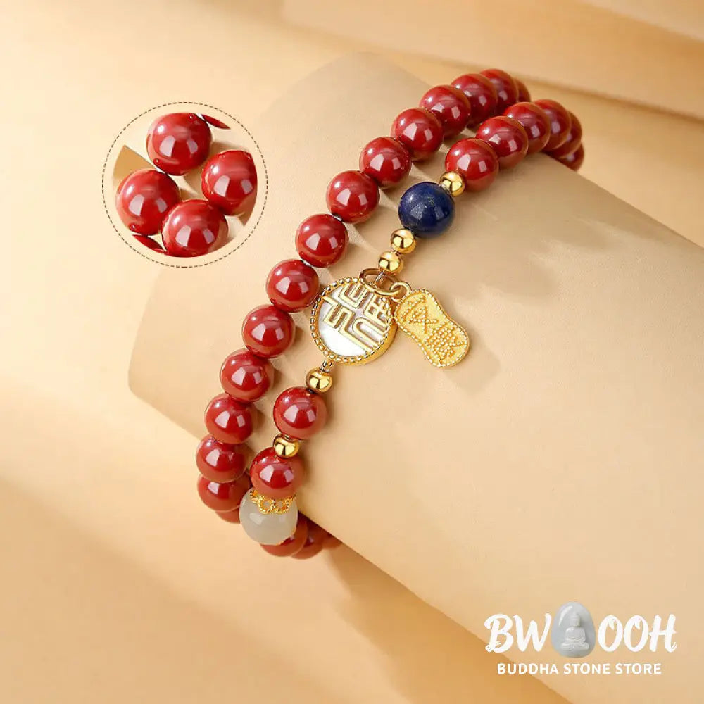 Buddha Stones 925 Sterling Silver Cinnabar Tridacna Stone Fu Character Double Wrap Blessing Bracelet - BWOOOH