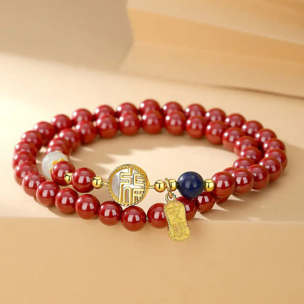 BWOOOH 925 Sterling Silver Cinnabar Tridacna Stone Fu Character Double Wrap Blessing Bracelet - BWOOOH