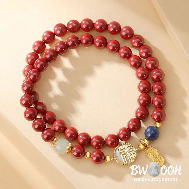 Buddha Stones 925 Sterling Silver Cinnabar Tridacna Stone Fu Character Double Wrap Blessing Bracelet - BWOOOH