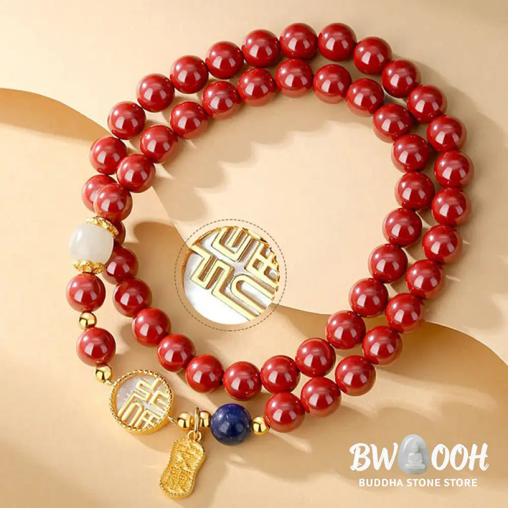 Buddha Stones 925 Sterling Silver Cinnabar Tridacna Stone Fu Character Double Wrap Blessing Bracelet - BWOOOH