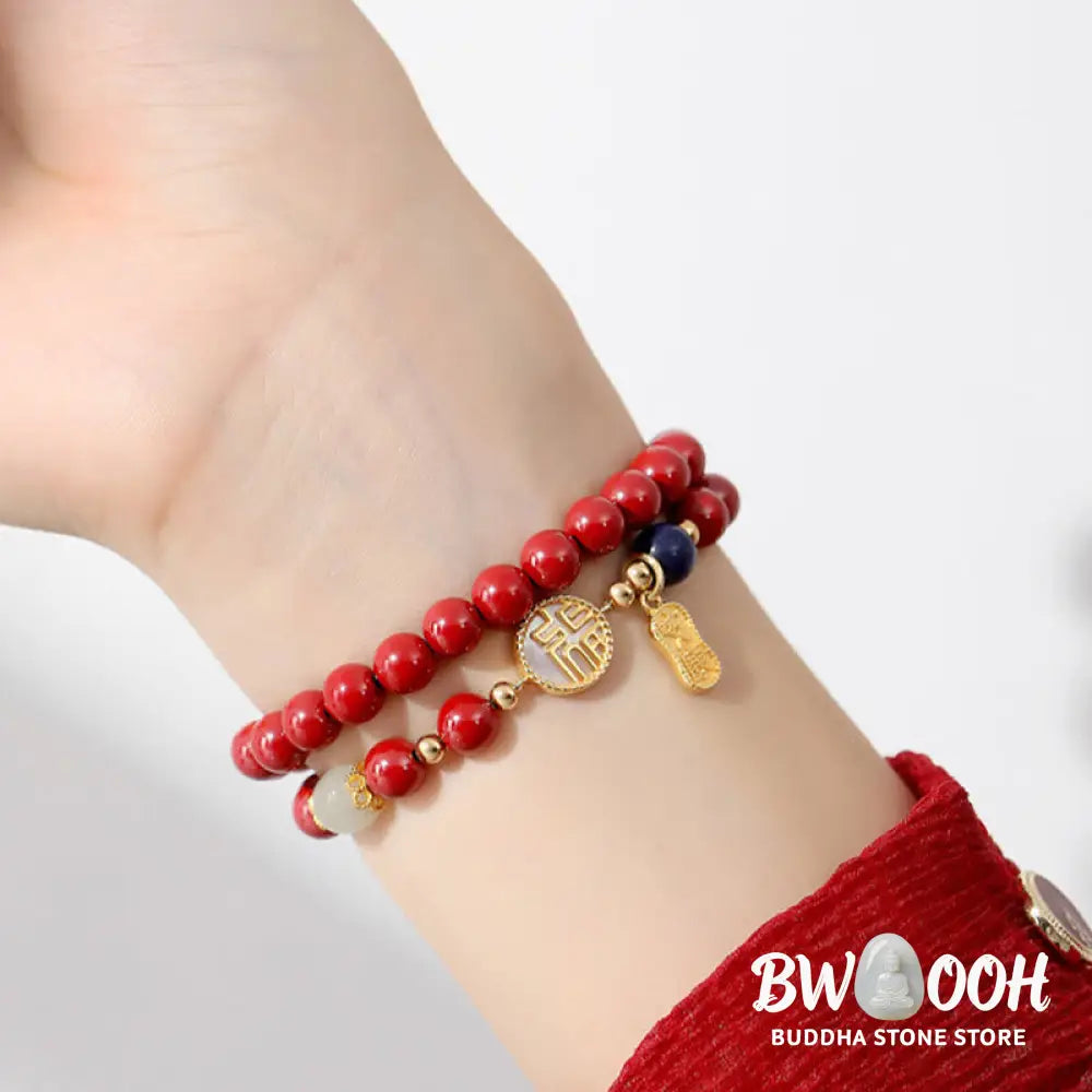 Buddha Stones 925 Sterling Silver Cinnabar Tridacna Stone Fu Character Double Wrap Blessing Bracelet - BWOOOH