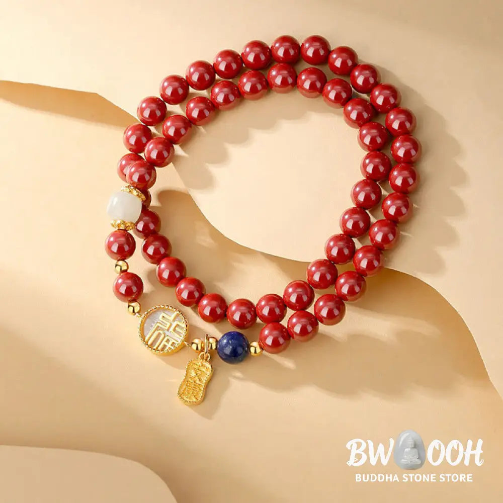 Buddha Stones 925 Sterling Silver Cinnabar Tridacna Stone Fu Character Double Wrap Blessing Bracelet - BWOOOH