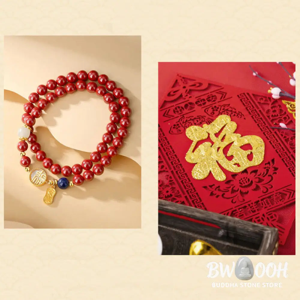 Buddha Stones 925 Sterling Silver Cinnabar Tridacna Stone Fu Character Double Wrap Blessing Bracelet - BWOOOH