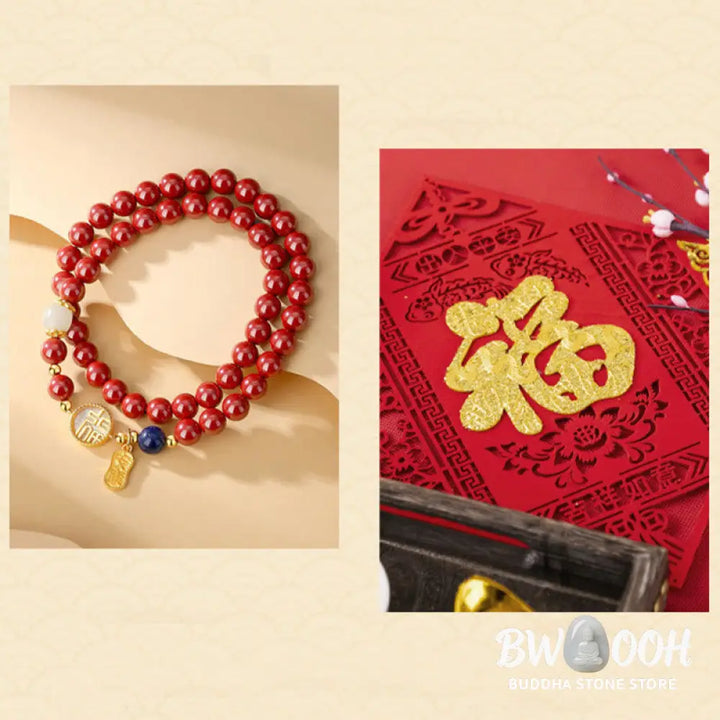 Buddha Stones 925 Sterling Silver Cinnabar Tridacna Stone Fu Character Double Wrap Blessing Bracelet - BWOOOH