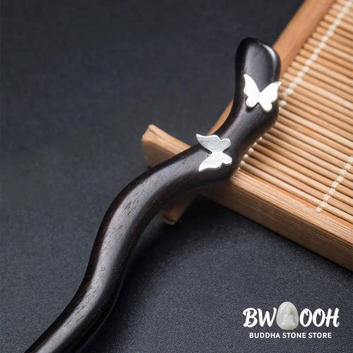 Buddha Stones 925 Sterling Silver Classical Chinese Style Ebony Butterfly Relax Hairpin - Butterfly Ebony Hairpin