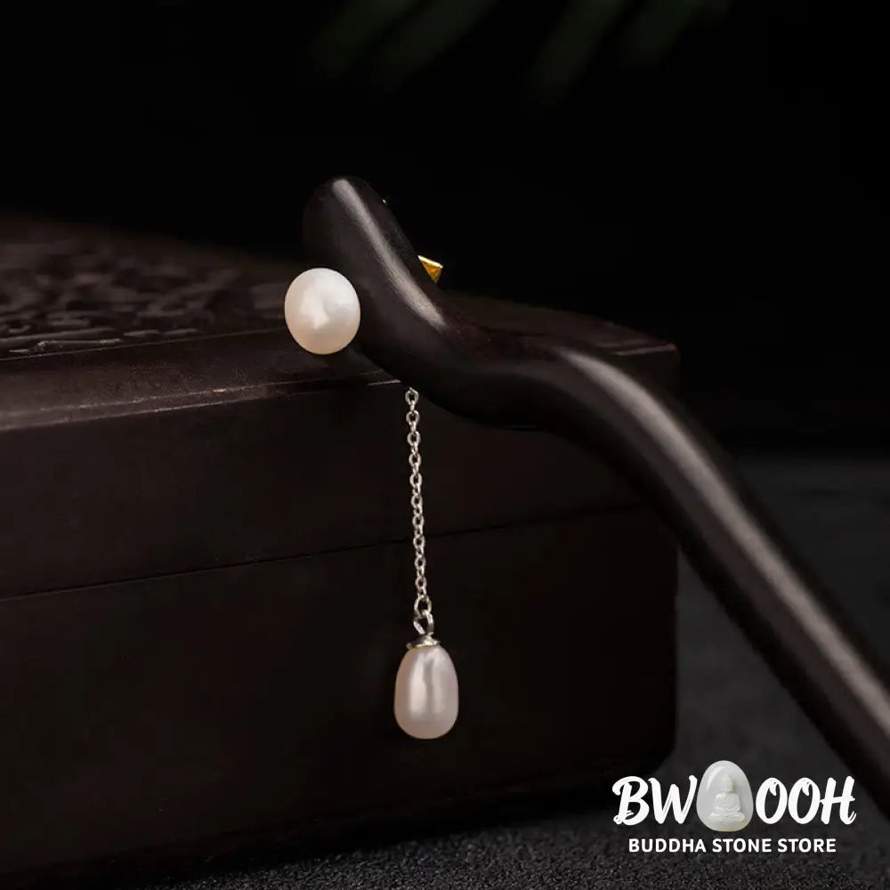 Buddha Stones 925 Sterling Silver Classical Chinese Style Ebony Lotus Flower Pearl Tassel Blessing Hairpin - Louts