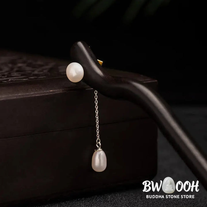 Buddha Stones 925 Sterling Silver Classical Chinese Style Ebony Lotus Flower Pearl Tassel Blessing Hairpin - Louts