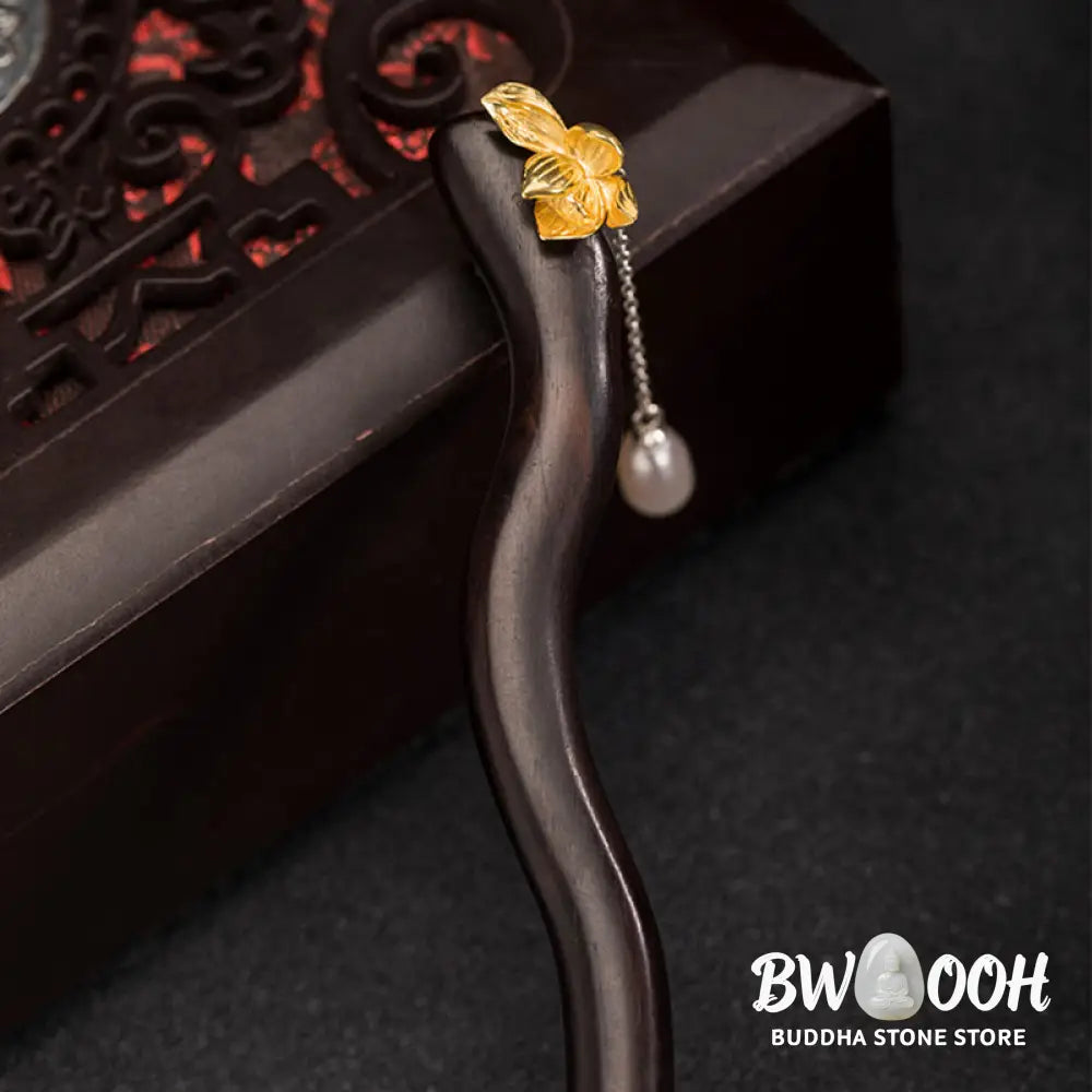 Buddha Stones 925 Sterling Silver Classical Chinese Style Ebony Lotus Flower Pearl Tassel Blessing Hairpin - Louts