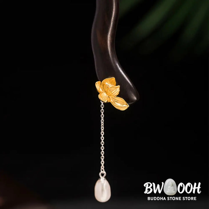 Buddha Stones 925 Sterling Silver Classical Chinese Style Ebony Lotus Flower Pearl Tassel Blessing Hairpin - Louts