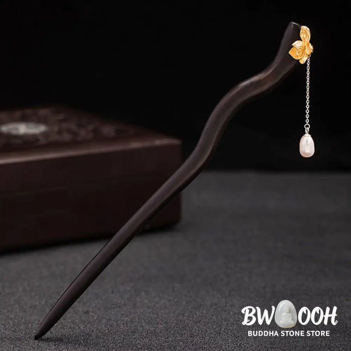 Buddha Stones 925 Sterling Silver Classical Chinese Style Ebony Lotus Flower Pearl Tassel Blessing Hairpin - Louts