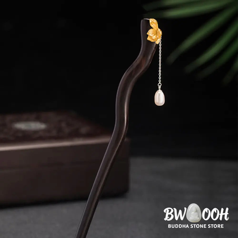 Buddha Stones 925 Sterling Silver Classical Chinese Style Ebony Lotus Flower Pearl Tassel Blessing Hairpin - Louts