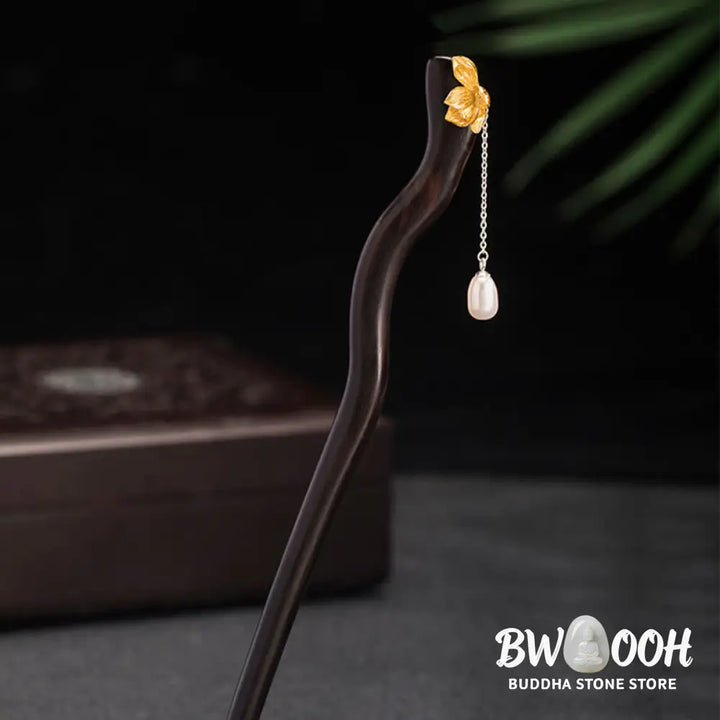 Buddha Stones 925 Sterling Silver Classical Chinese Style Ebony Lotus Flower Pearl Tassel Blessing Hairpin - Louts