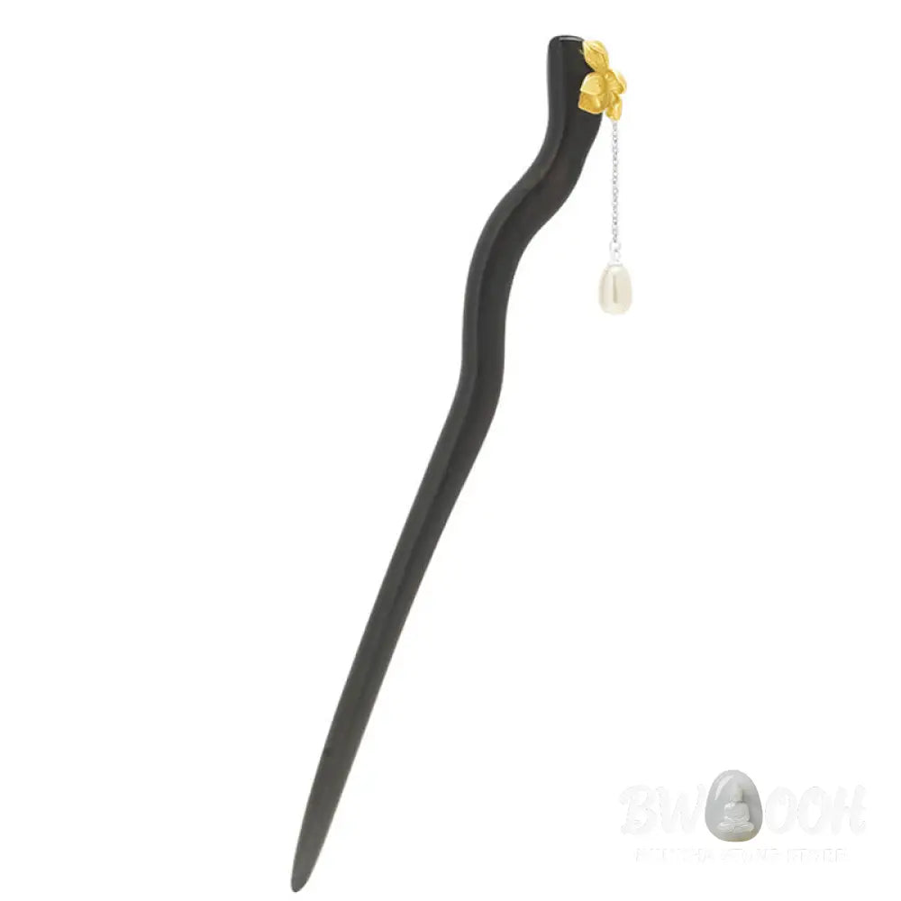 Buddha Stones 925 Sterling Silver Classical Chinese Style Ebony Lotus Flower Pearl Tassel Blessing Hairpin - Louts