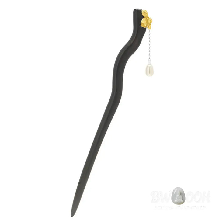 Buddha Stones 925 Sterling Silver Classical Chinese Style Ebony Lotus Flower Pearl Tassel Blessing Hairpin - Louts