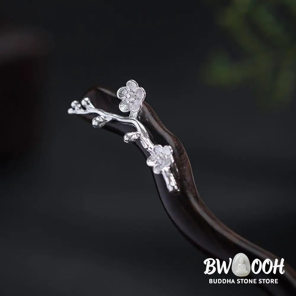 Buddha Stones 925 Sterling Silver Classical Chinese Style Ebony Plum Blossom Blessing Hairpin - Plum Blossom Ebony