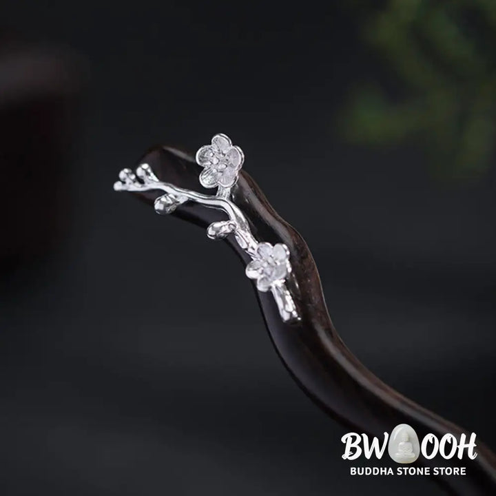 Buddha Stones 925 Sterling Silver Classical Chinese Style Ebony Plum Blossom Blessing Hairpin - Plum Blossom Ebony
