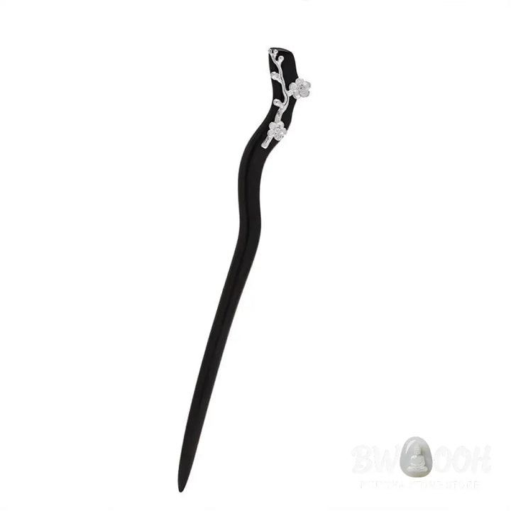 Buddha Stones 925 Sterling Silver Classical Chinese Style Ebony Plum Blossom Blessing Hairpin - Plum Blossom Ebony