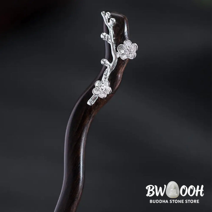 Buddha Stones 925 Sterling Silver Classical Chinese Style Ebony Plum Blossom Blessing Hairpin - Plum Blossom Ebony