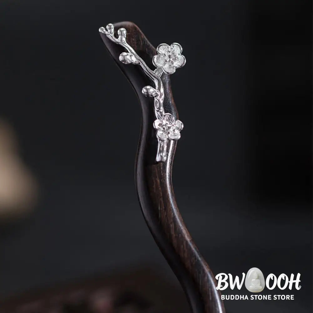 Buddha Stones 925 Sterling Silver Classical Chinese Style Ebony Plum Blossom Blessing Hairpin - Plum Blossom Ebony