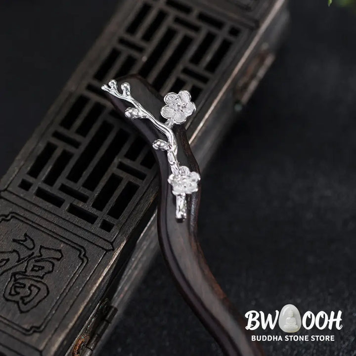 Buddha Stones 925 Sterling Silver Classical Chinese Style Ebony Plum Blossom Blessing Hairpin - Plum Blossom Ebony