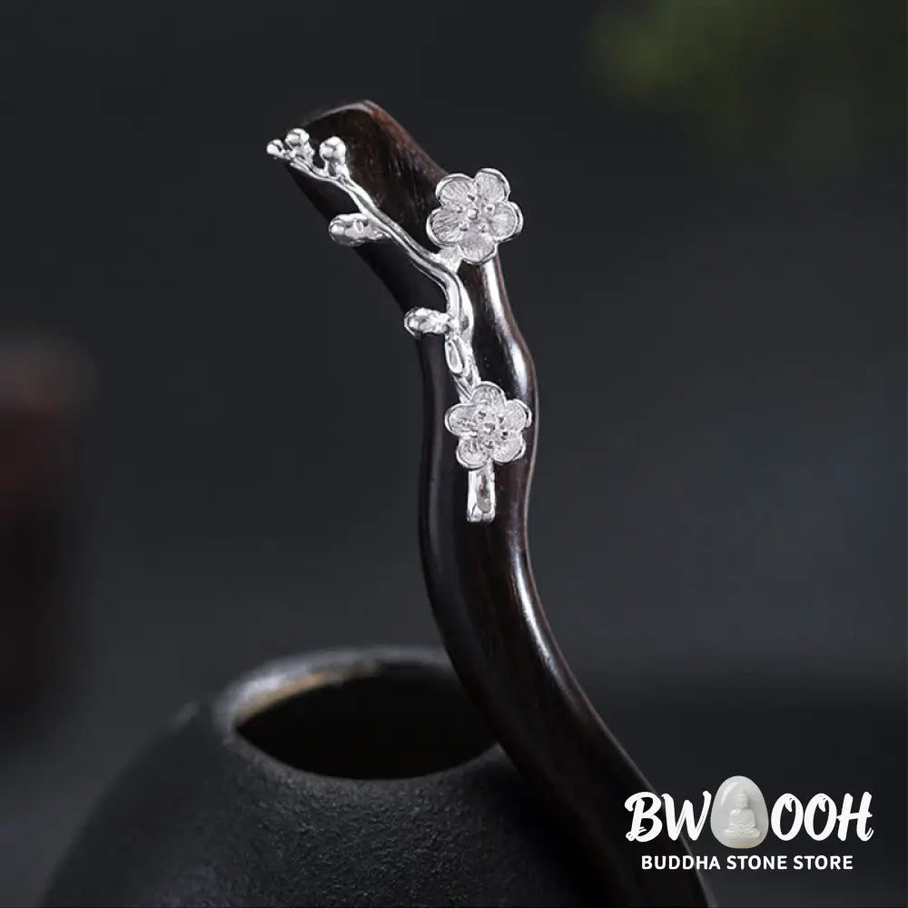Buddha Stones 925 Sterling Silver Classical Chinese Style Ebony Plum Blossom Blessing Hairpin - Plum Blossom Ebony
