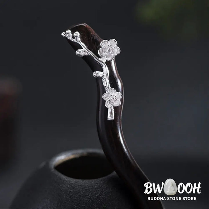 Buddha Stones 925 Sterling Silver Classical Chinese Style Ebony Plum Blossom Blessing Hairpin - Plum Blossom Ebony