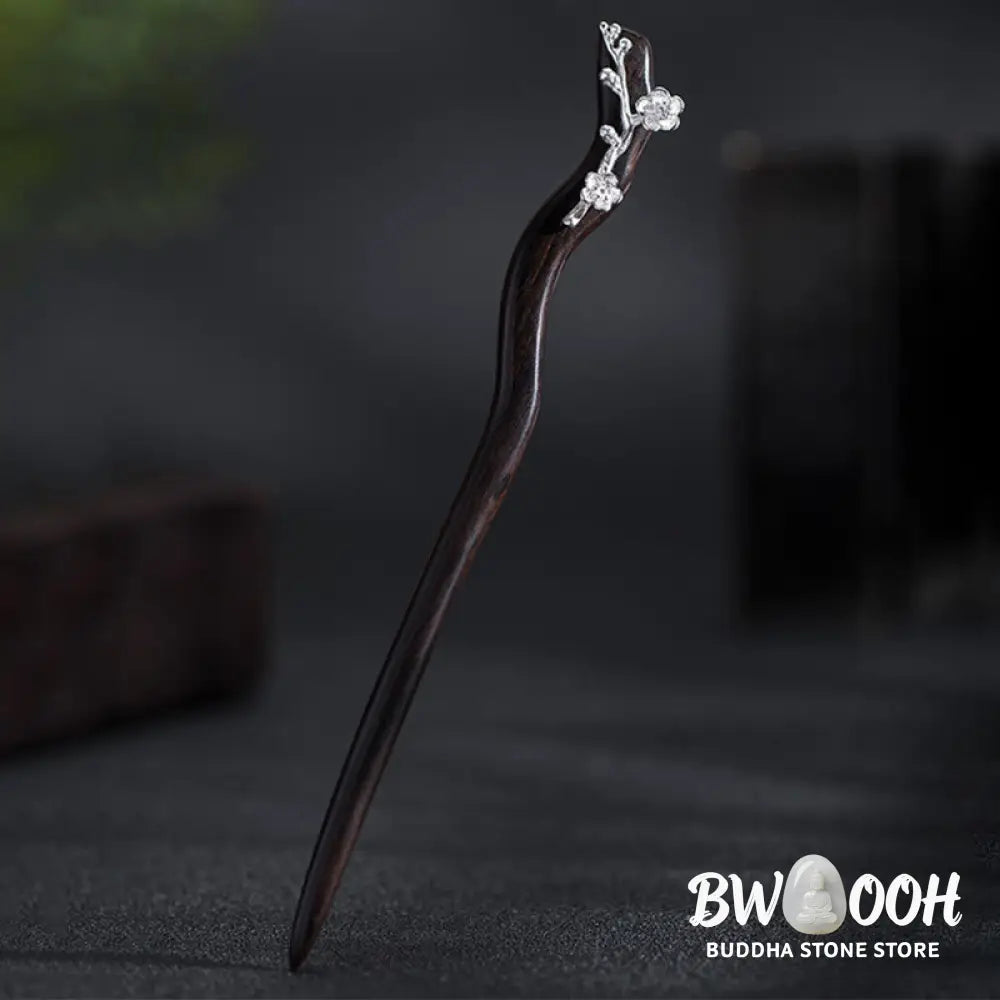 Buddha Stones 925 Sterling Silver Classical Chinese Style Ebony Plum Blossom Blessing Hairpin - Plum Blossom Ebony