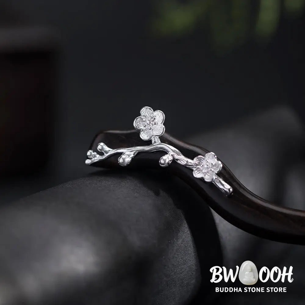 Buddha Stones 925 Sterling Silver Classical Chinese Style Ebony Plum Blossom Blessing Hairpin - Plum Blossom Ebony