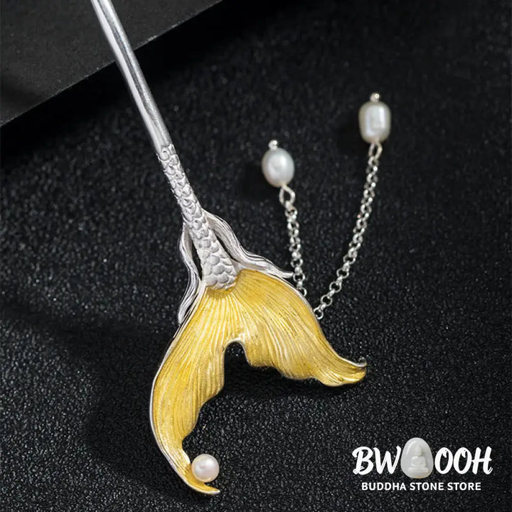 Buddha Stones 925 Sterling Silver Classical Chinese Style Fish Tail Pearl Tassel Calm Hairpin - Fish Tail Hairpin