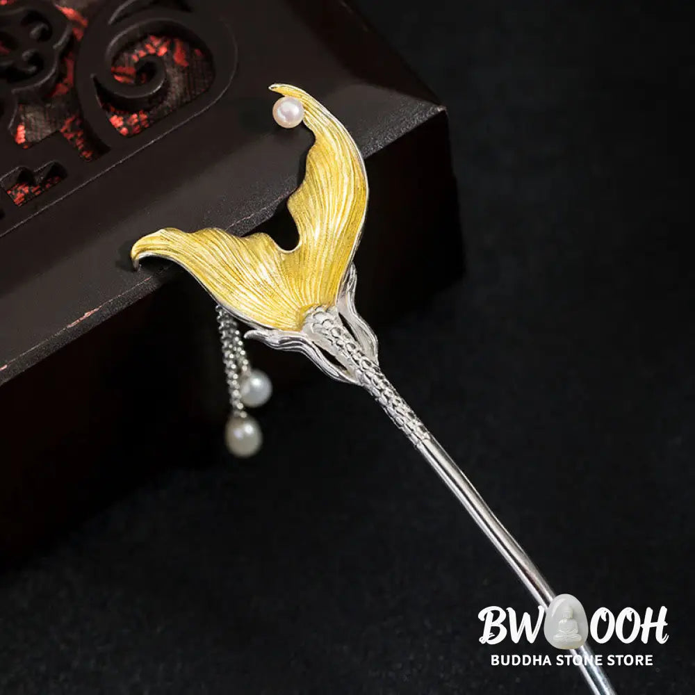 Buddha Stones 925 Sterling Silver Classical Chinese Style Fish Tail Pearl Tassel Calm Hairpin - Fish Tail Hairpin
