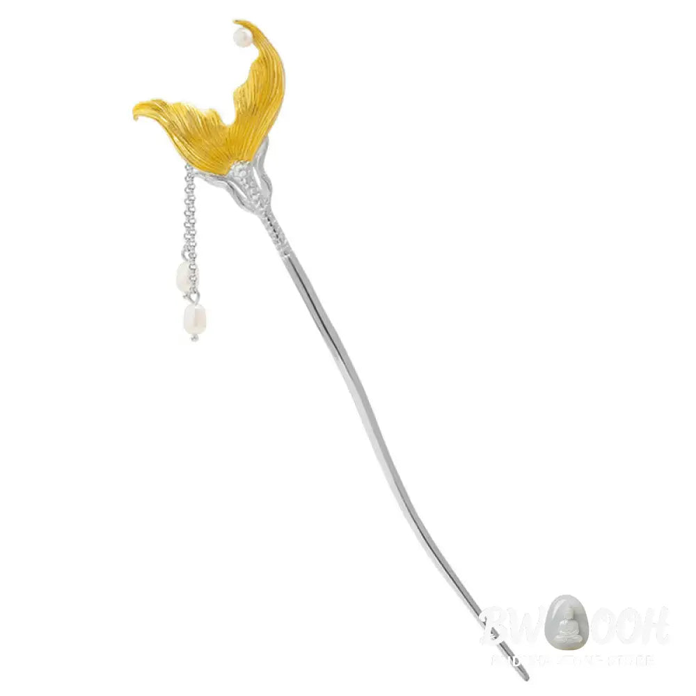 Buddha Stones 925 Sterling Silver Classical Chinese Style Fish Tail Pearl Tassel Calm Hairpin - Fish Tail Hairpin