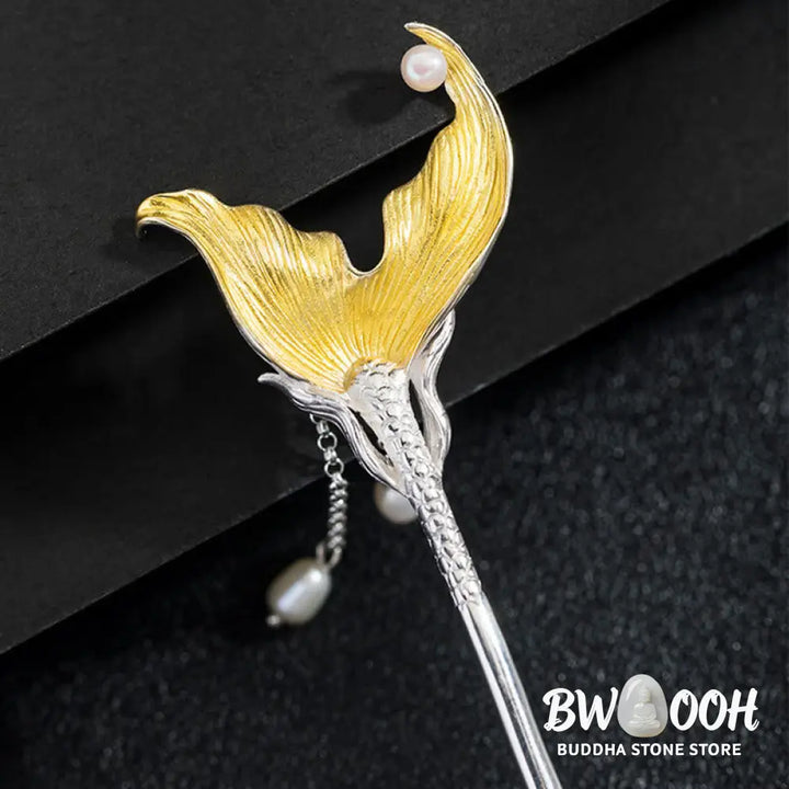 Buddha Stones 925 Sterling Silver Classical Chinese Style Fish Tail Pearl Tassel Calm Hairpin - Fish Tail Hairpin