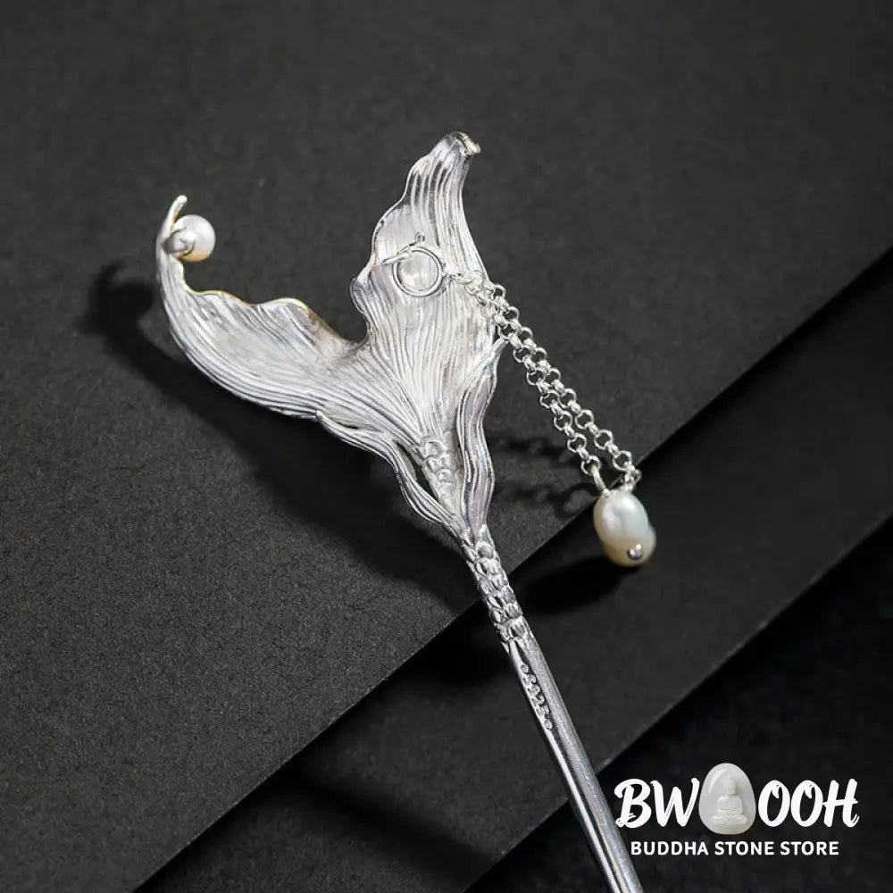 Buddha Stones 925 Sterling Silver Classical Chinese Style Fish Tail Pearl Tassel Calm Hairpin - Fish Tail Hairpin