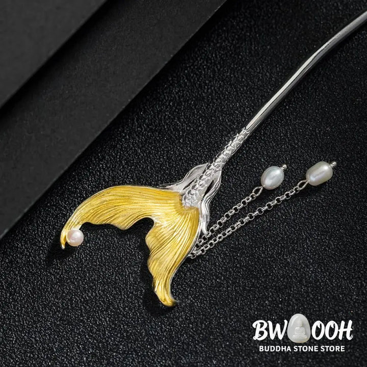 Buddha Stones 925 Sterling Silver Classical Chinese Style Fish Tail Pearl Tassel Calm Hairpin - Fish Tail Hairpin