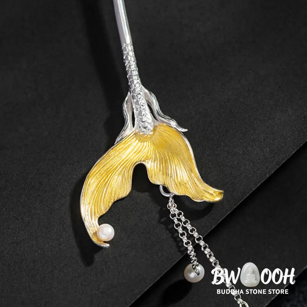 Buddha Stones 925 Sterling Silver Classical Chinese Style Fish Tail Pearl Tassel Calm Hairpin - Fish Tail Hairpin
