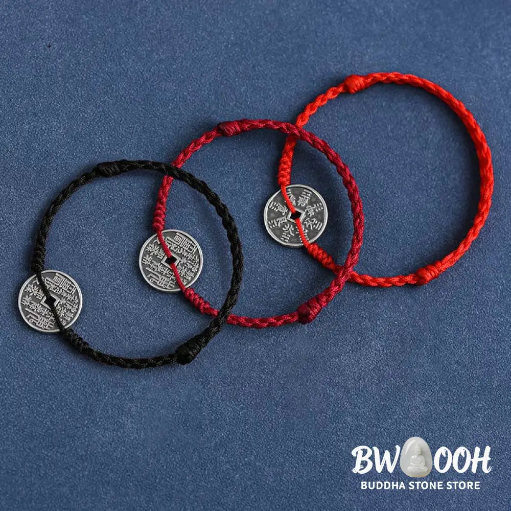 Buddha Stones 925 Sterling Silver Coin Protection Braided Bracelet Anklet - BWOOOH - Bracelet Anklet