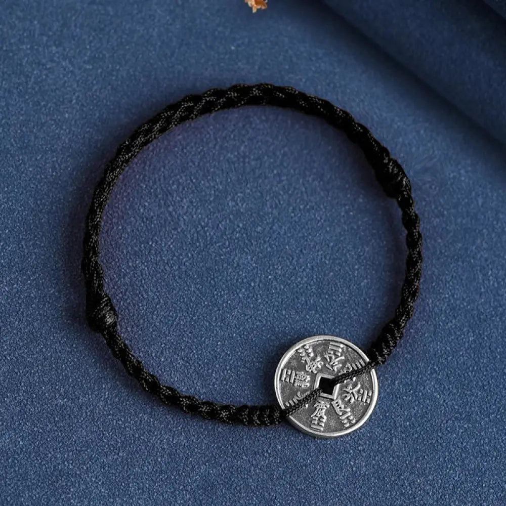 Buddha Stones 925 Sterling Silver Coin Protection Braided Bracelet Anklet - BWOOOH - Black Rope / Anklet(Circumference