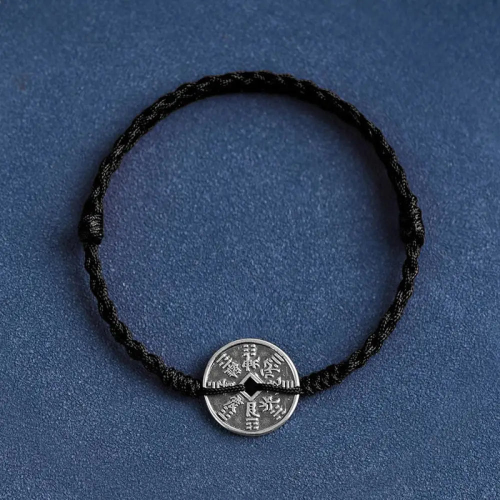 Buddha Stones 925 Sterling Silver Coin Protection Braided Bracelet Anklet - BWOOOH - Black Rope / Bracelet(Wrist