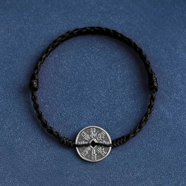 Buddha Stones 925 Sterling Silver Coin Protection Braided Bracelet Anklet - BWOOOH - Black Rope / Bracelet(Wrist