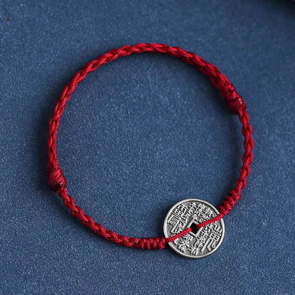 Buddha Stones 925 Sterling Silver Coin Protection Braided Bracelet Anklet - BWOOOH - Dark Red Rope