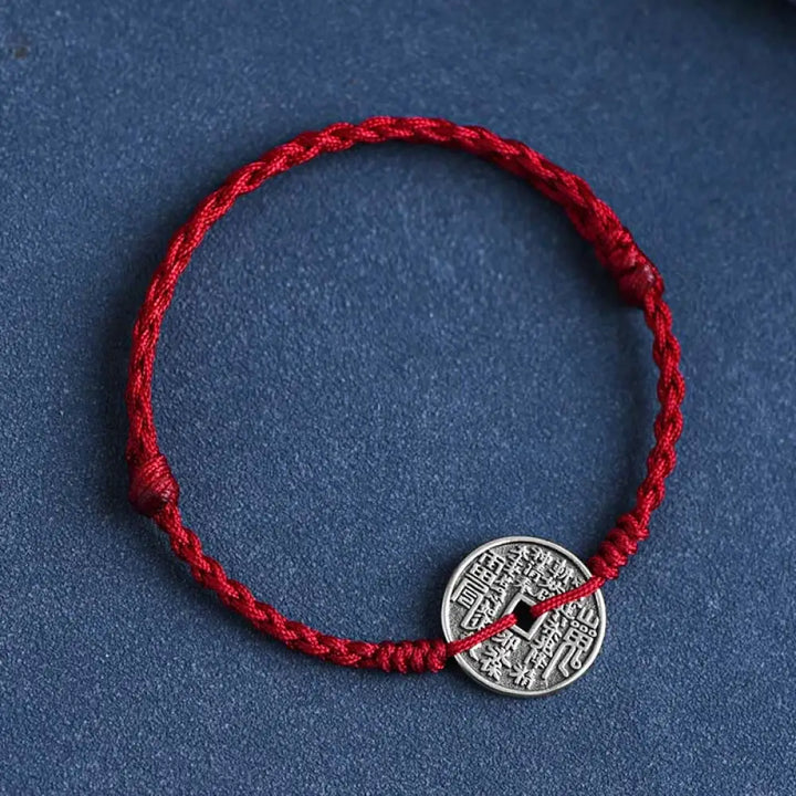 Buddha Stones 925 Sterling Silver Coin Protection Braided Bracelet Anklet - BWOOOH - Dark Red Rope