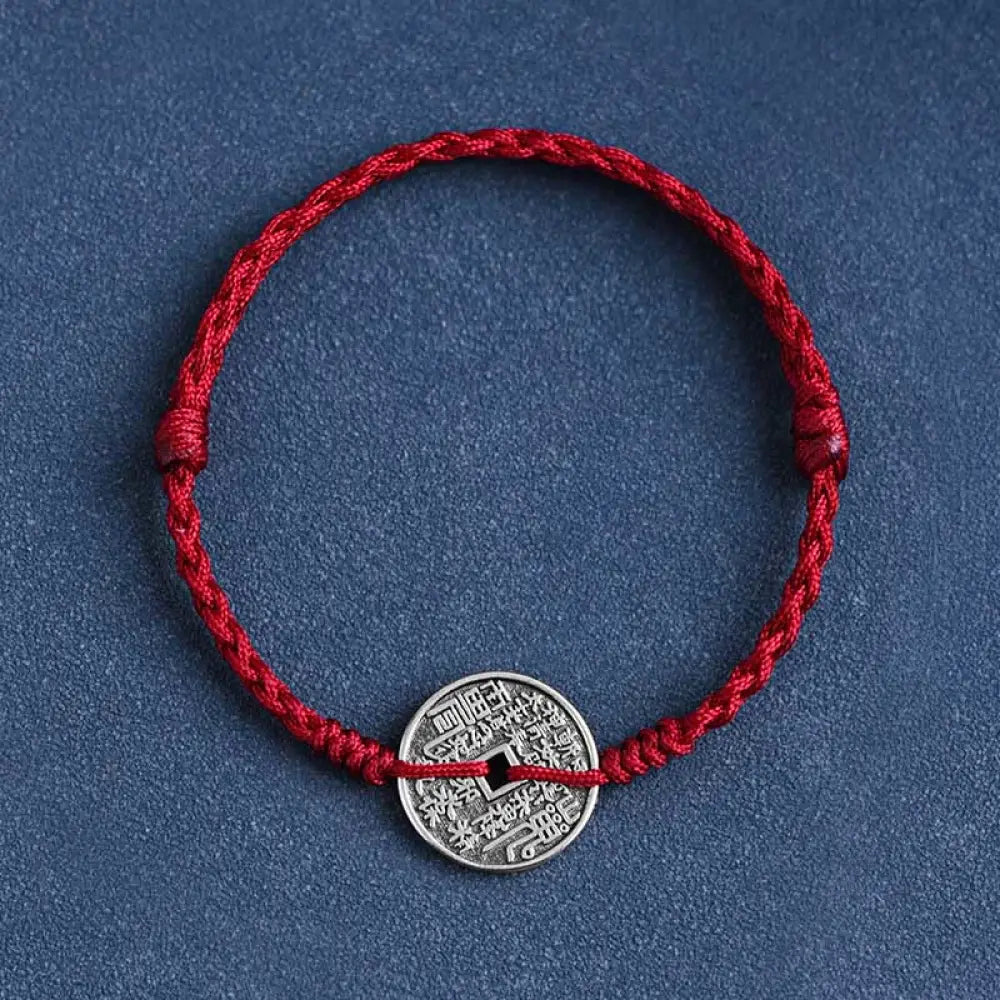 Buddha Stones 925 Sterling Silver Coin Protection Braided Bracelet Anklet - BWOOOH - Dark Red Rope / Bracelet(Wrist