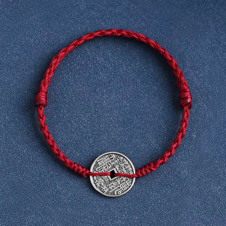 Buddha Stones 925 Sterling Silver Coin Protection Braided Bracelet Anklet - BWOOOH - Dark Red Rope / Bracelet(Wrist