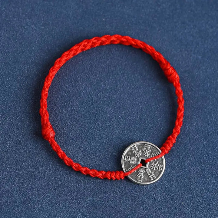 Buddha Stones 925 Sterling Silver Coin Protection Braided Bracelet Anklet - BWOOOH - Red Rope / Anklet(Circumference